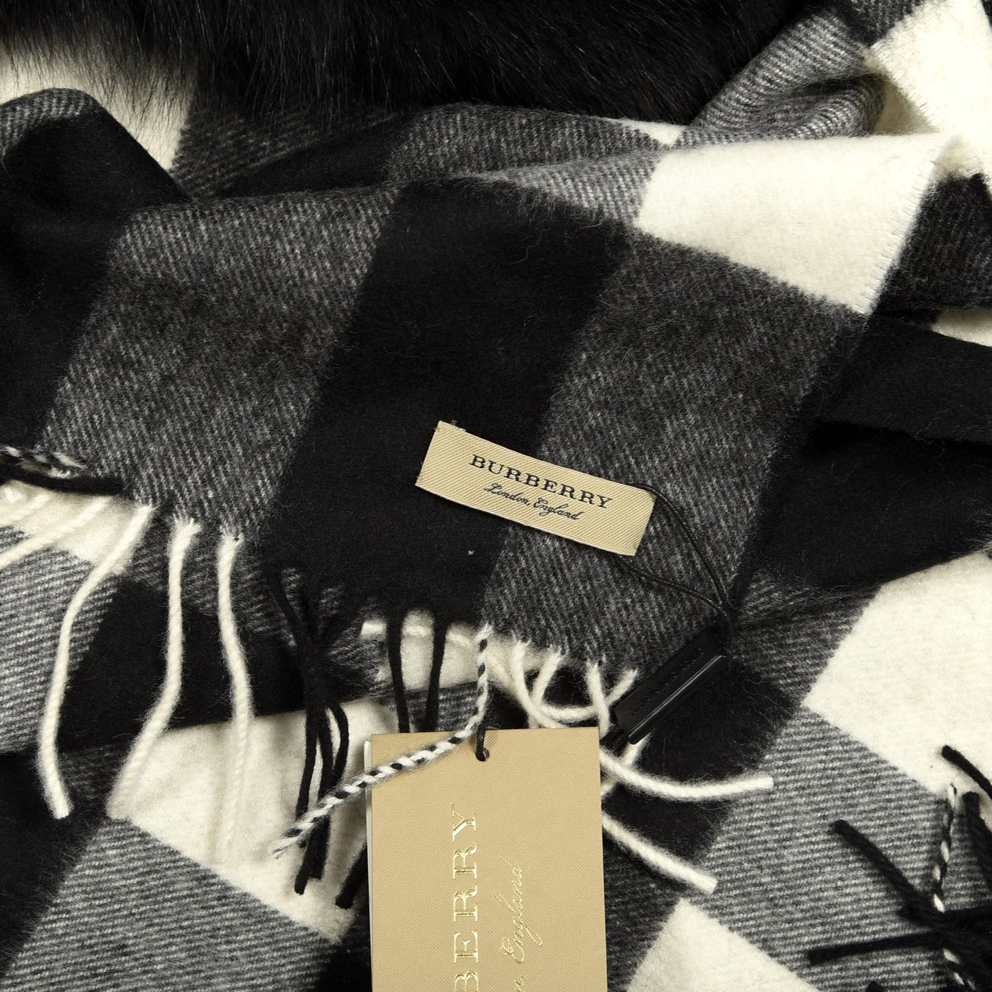 Fox Cashmere Half Mega Check Fringe Scarf Black