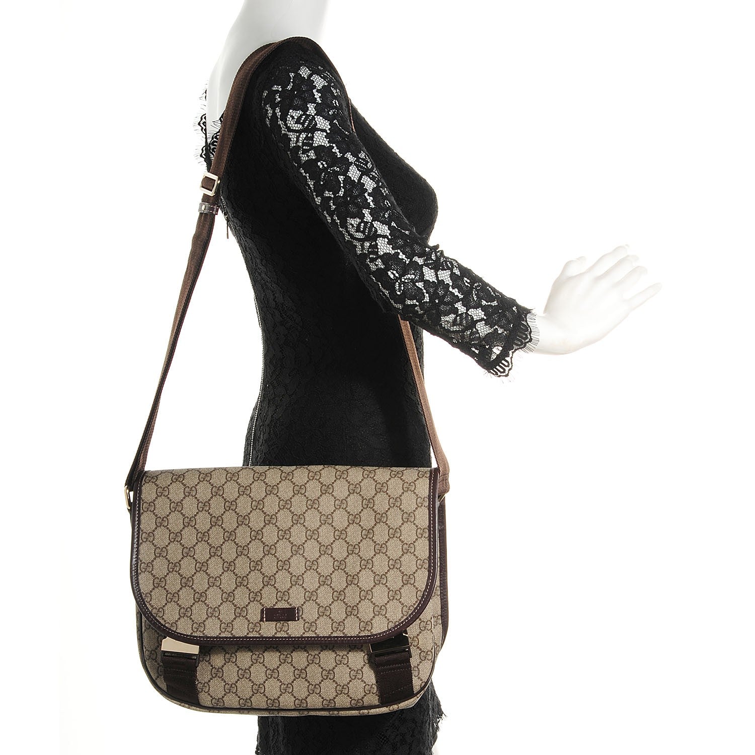 Gucci GG Plus Monogram Medium Double Buckle Flap Messenger Bag Beige Dark Brown 2 of 7