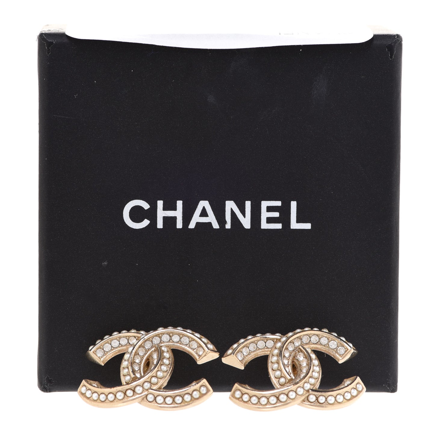 Crystal Pearl Chain Mania CC Earrings Gold