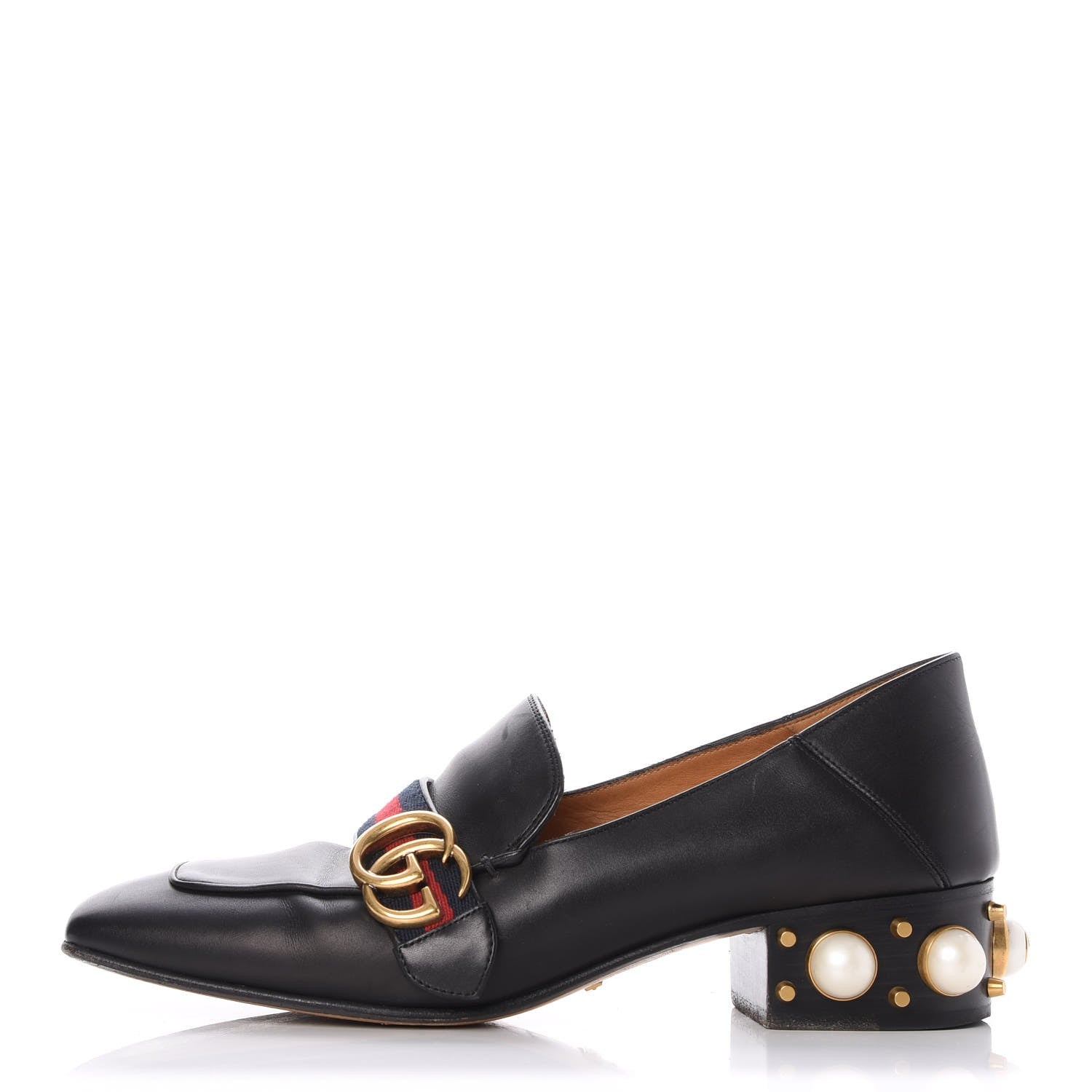 Gucci Calfskin Web Pearl Embellished Peyton Loafers 40 Black 1 of 10