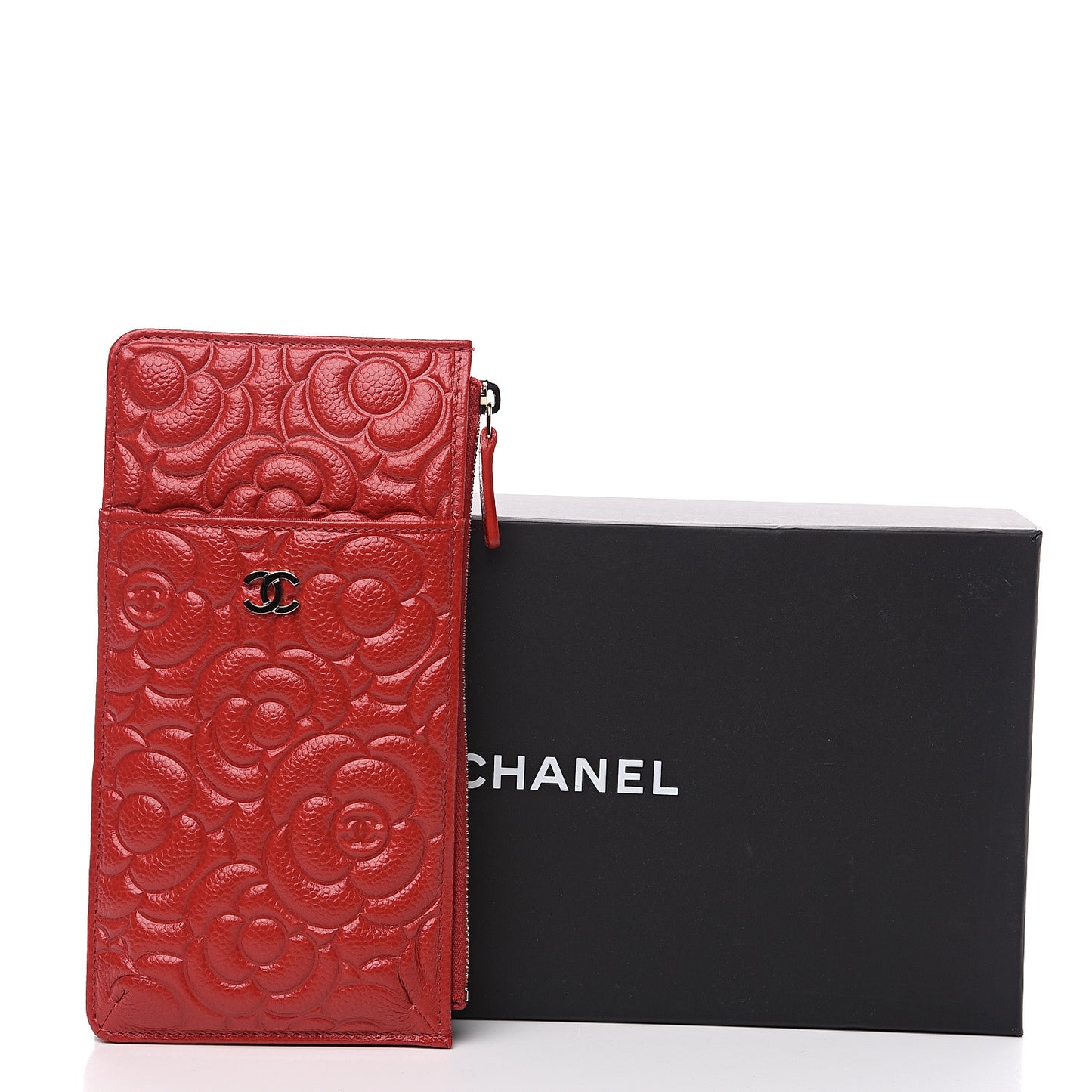 Caviar Camellia Embossed Classic Flat Wallet Pouch Red