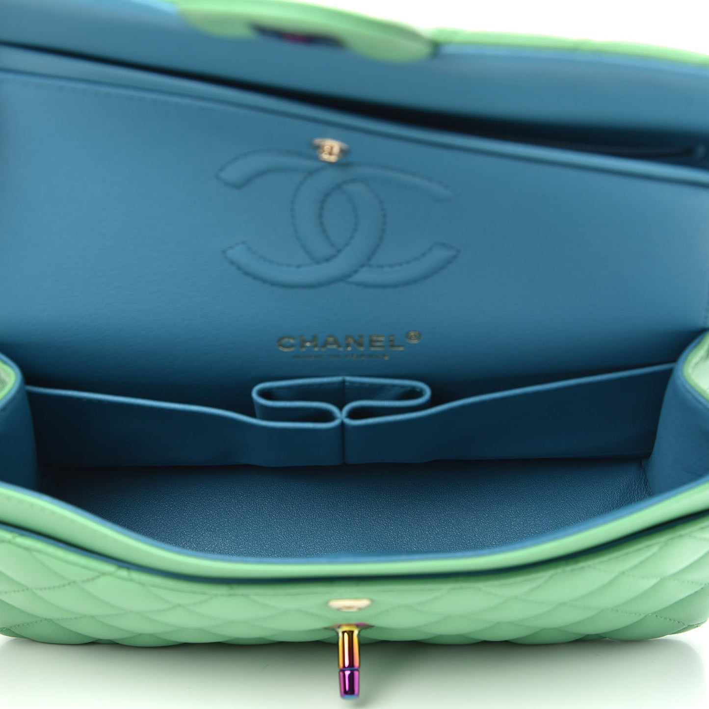 Lambskin Quilted Small Double Flap Green Blue