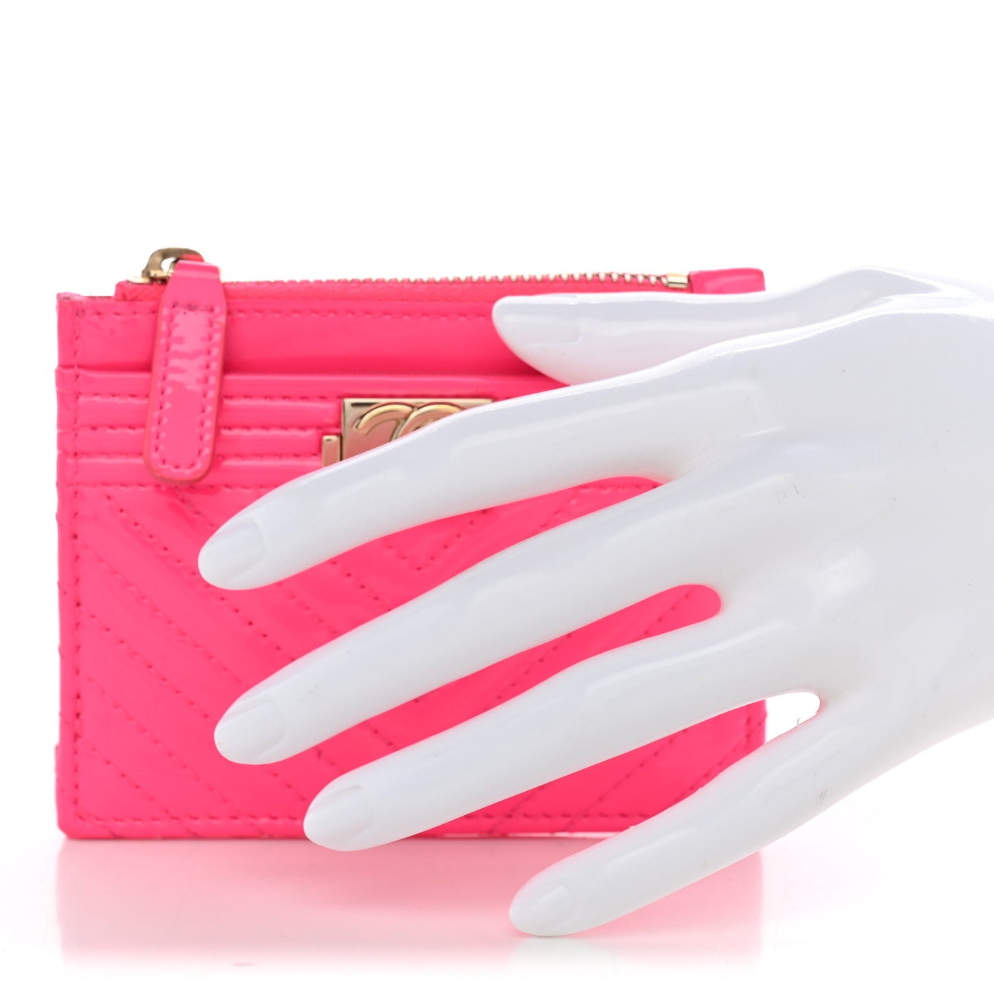 Patent Chevron Quilted Boy Zip Card Holder Neon Pink