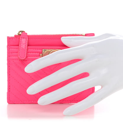 Chanel Patent Chevron Quilted Boy Zip Card Holder Neon Pink 2 of 9
