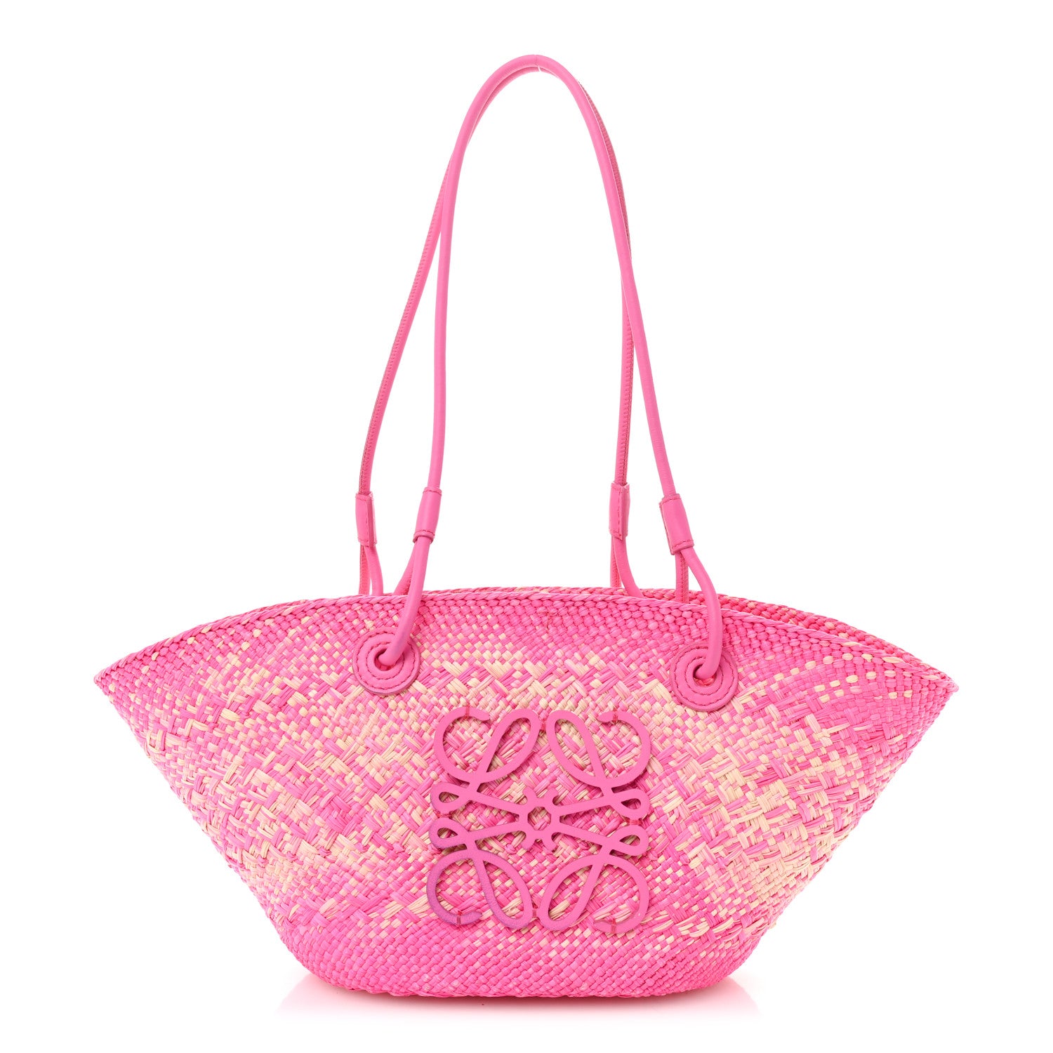 Loewe Iraca Palm Calfskin Small Anagram Basket Bag Fuchsia 1 of 13
