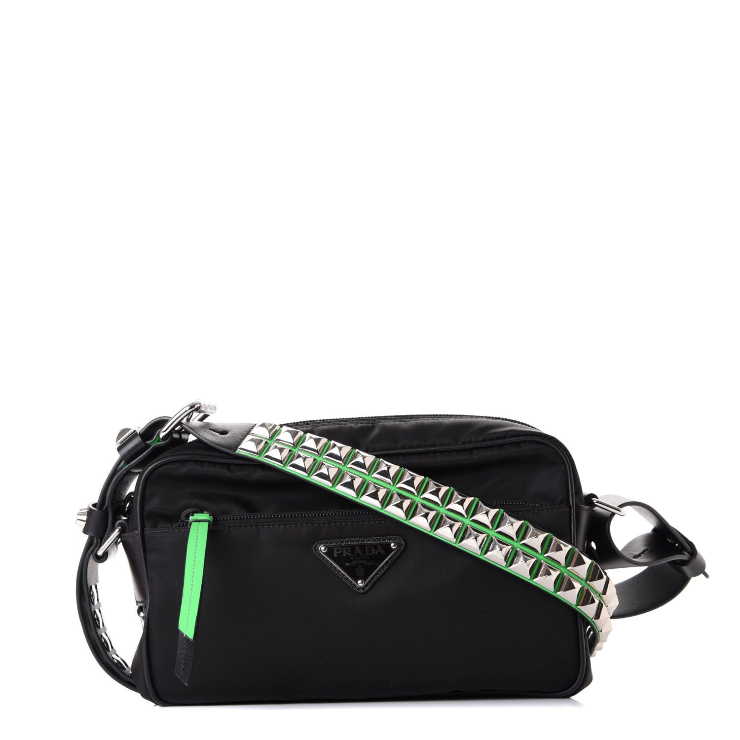 Prada Tessuto Nylon Studded New Vela Shoulder Bag Black Verde 1 of 10