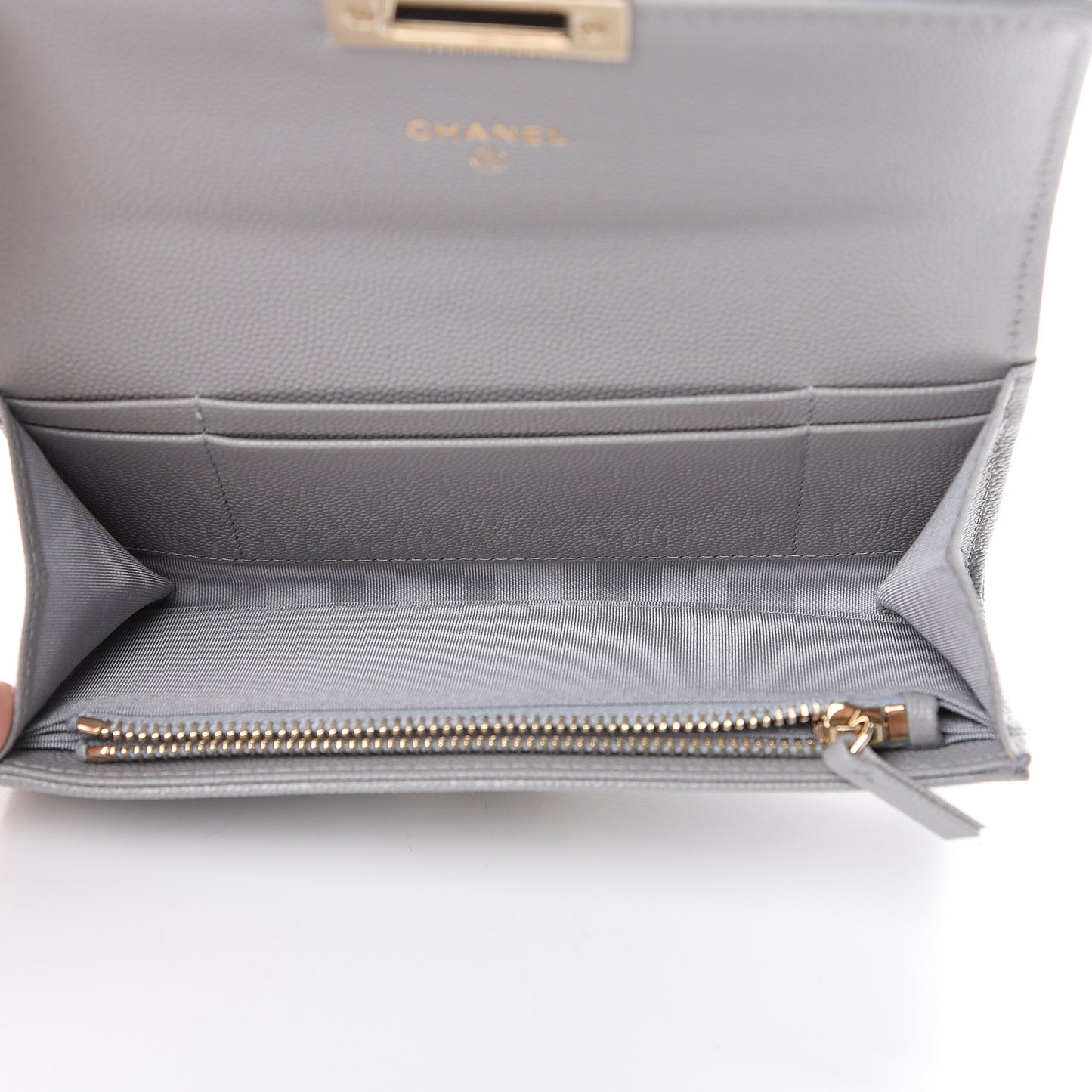Caviar Quilted Large Golden Class Gusset Flap Wallet Grey
