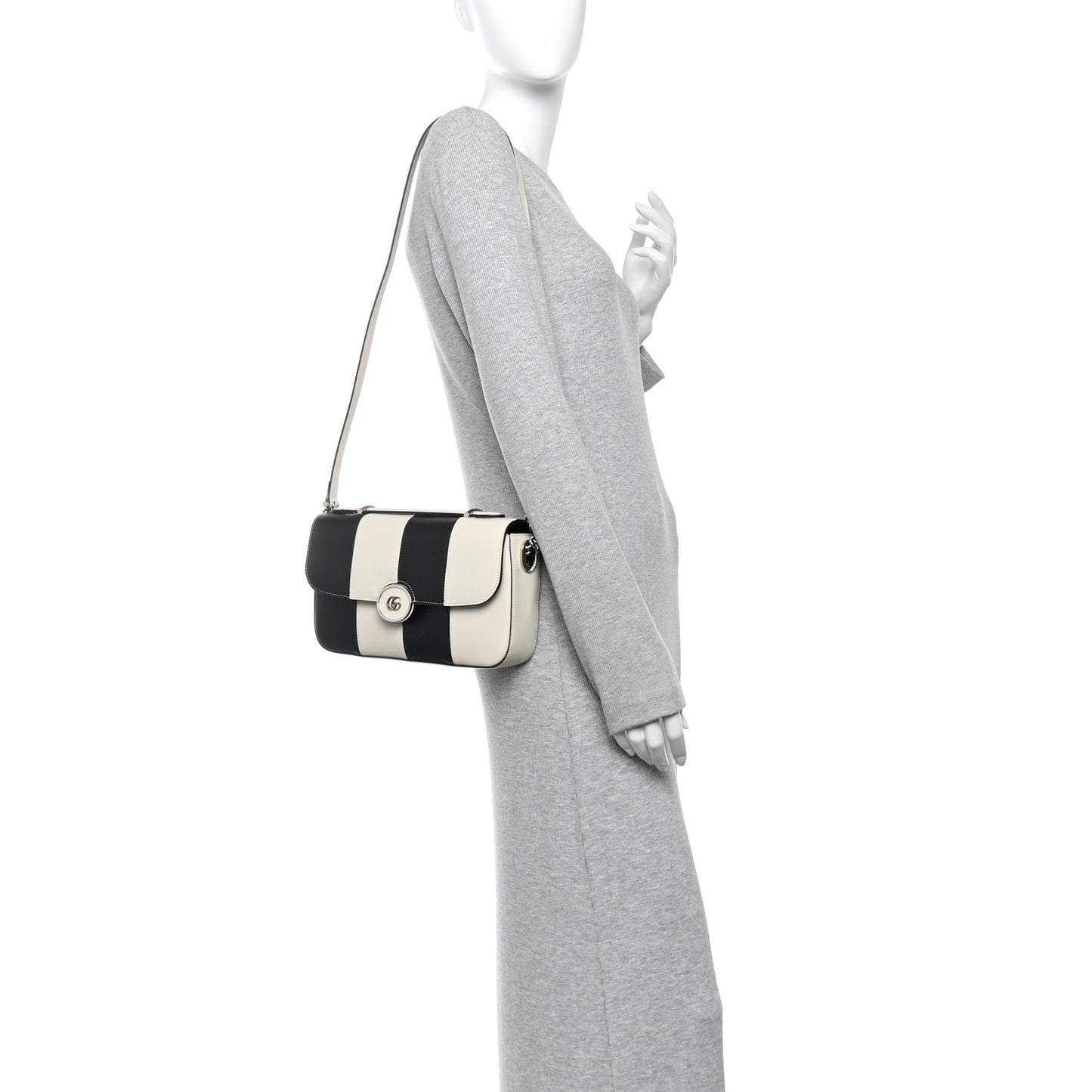Senna Calfskin Lines Petite GG Top Handle Shoulder Bag Black Mystic White