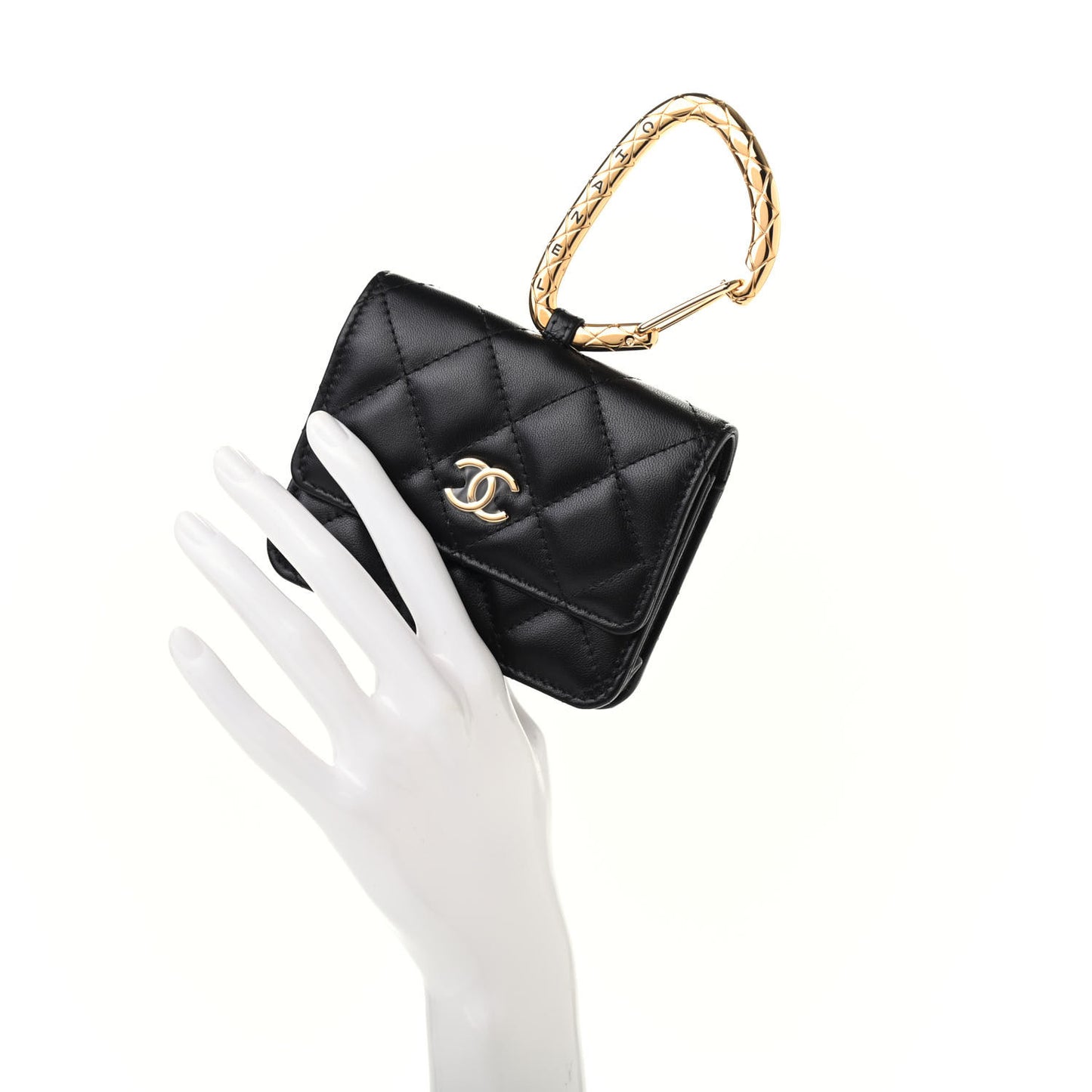 Lambskin Quilted CC Hook Card Holder Black