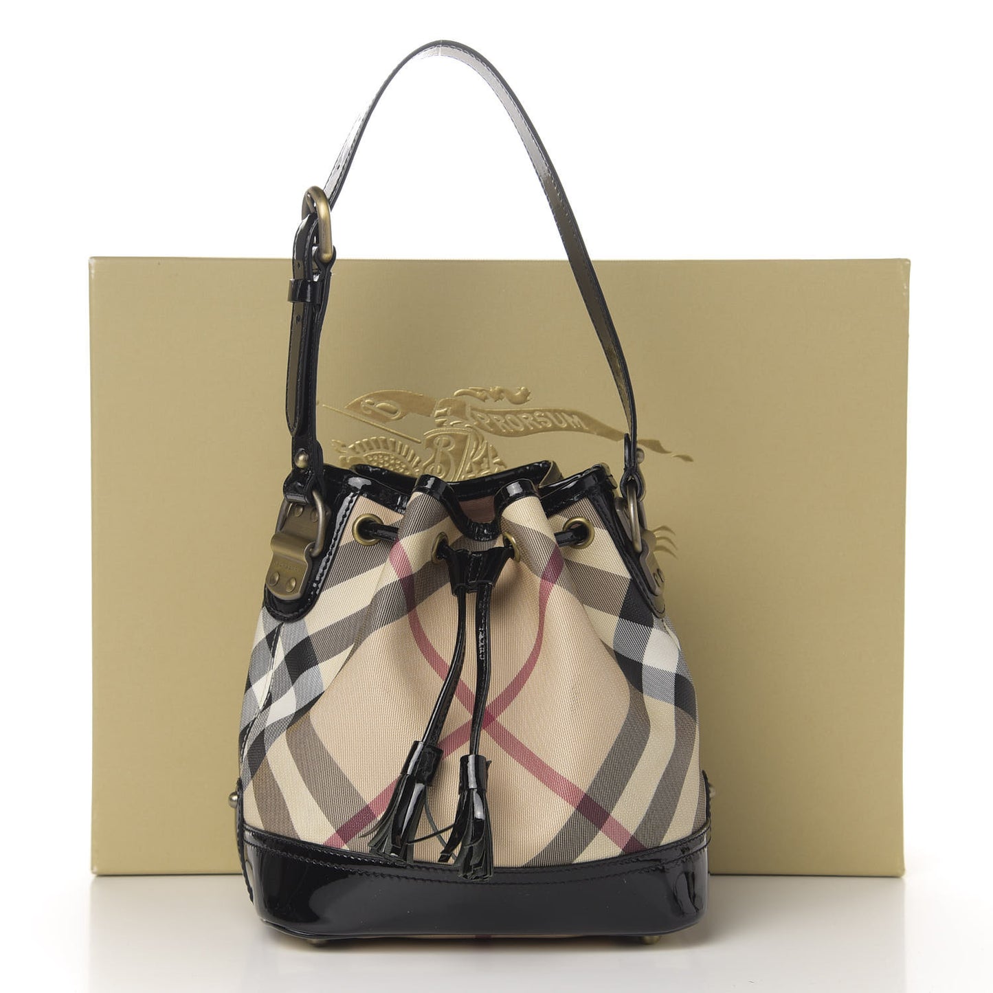 Patent Trim Nova Check Drawstring Bucket Bag Black