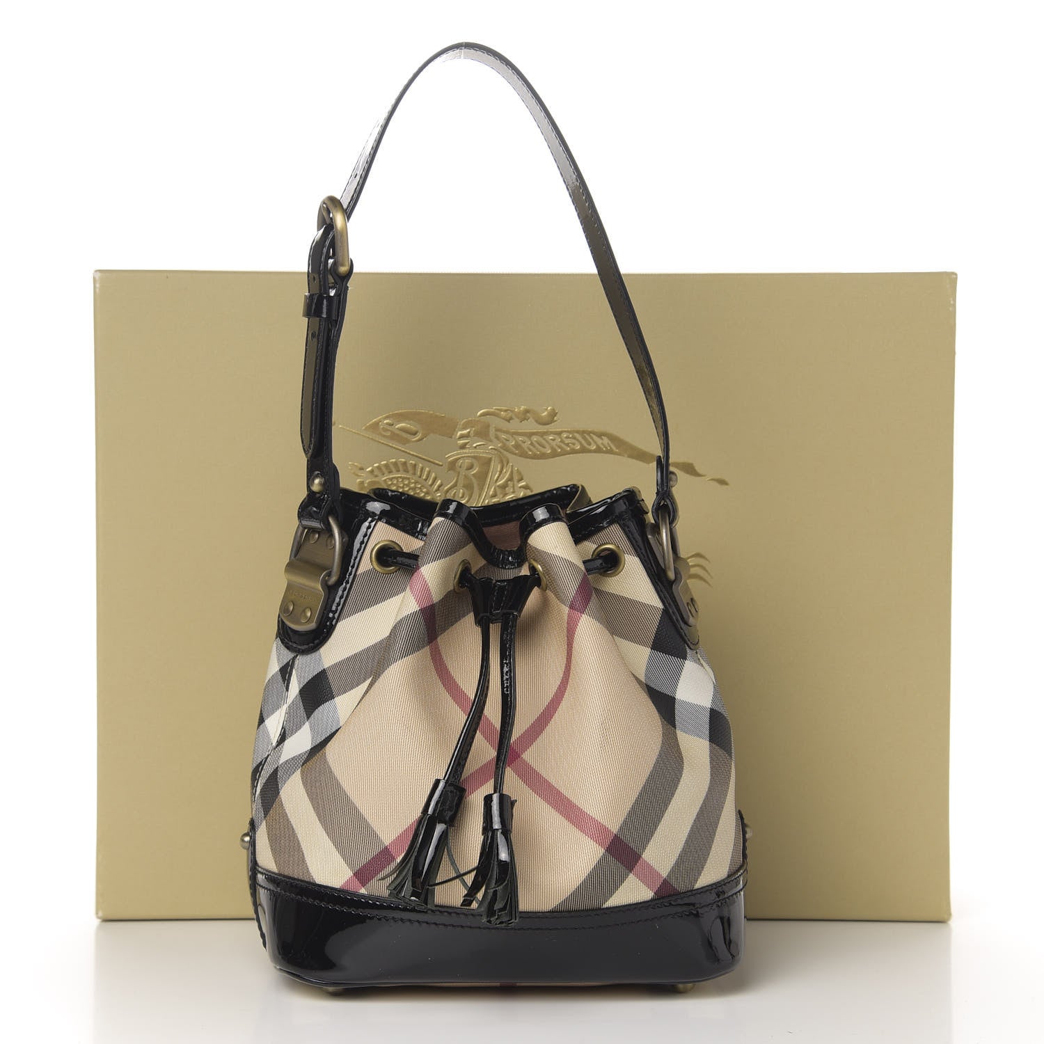 Burberry Patent Trim Nova Check Drawstring Bucket Bag Black 15 of 15