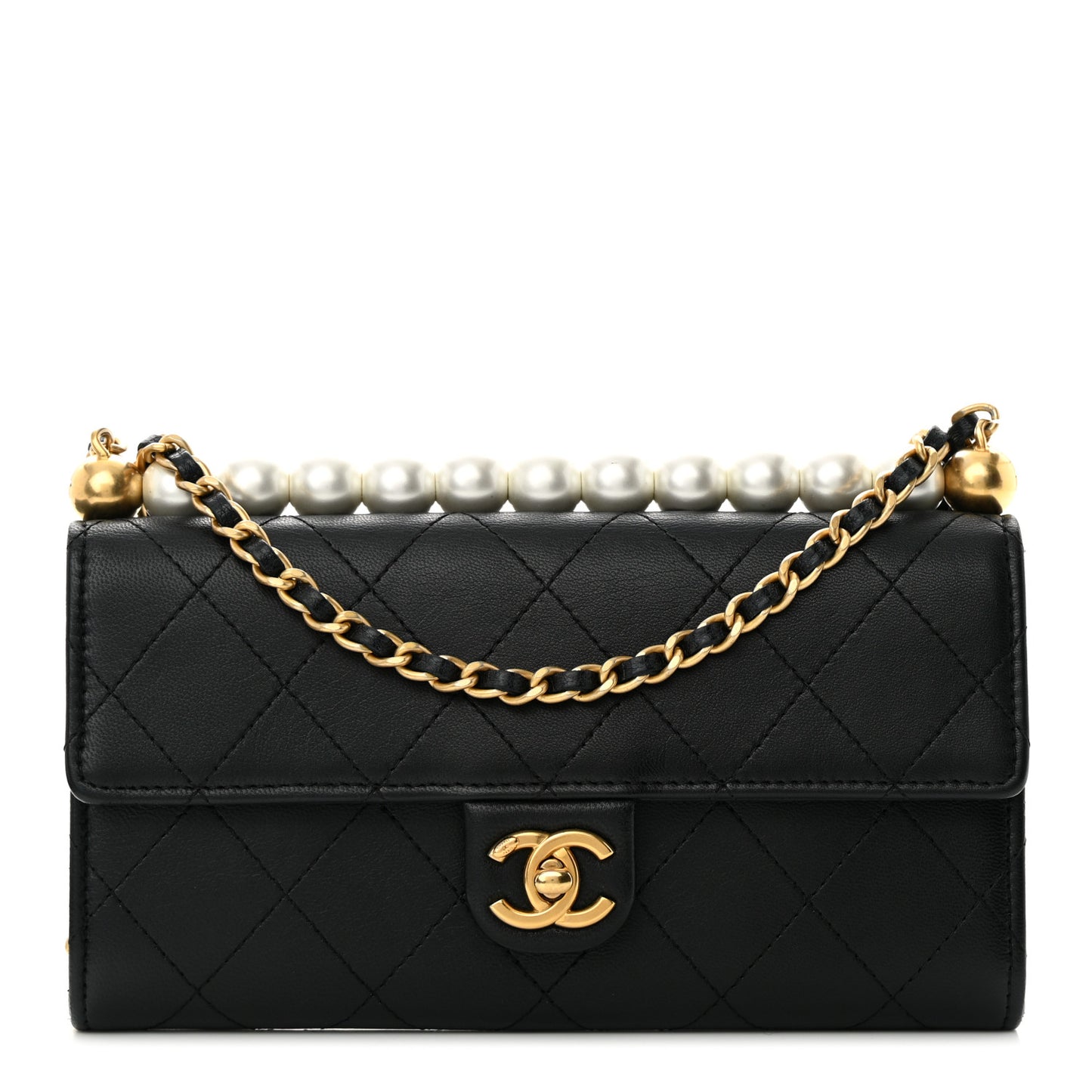 Lambskin Quilted Chic Pearls Clutch With Chain Black