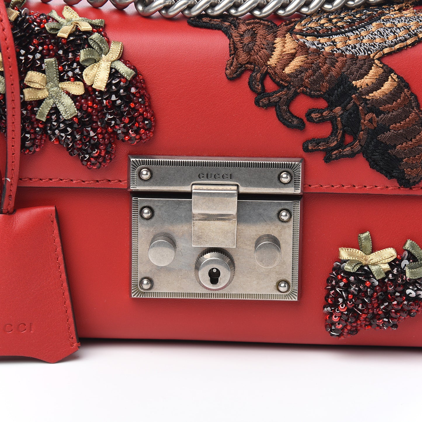 Calfskin Bee Embroidered Small Padlock Shoulder Bag Hibiscus Red