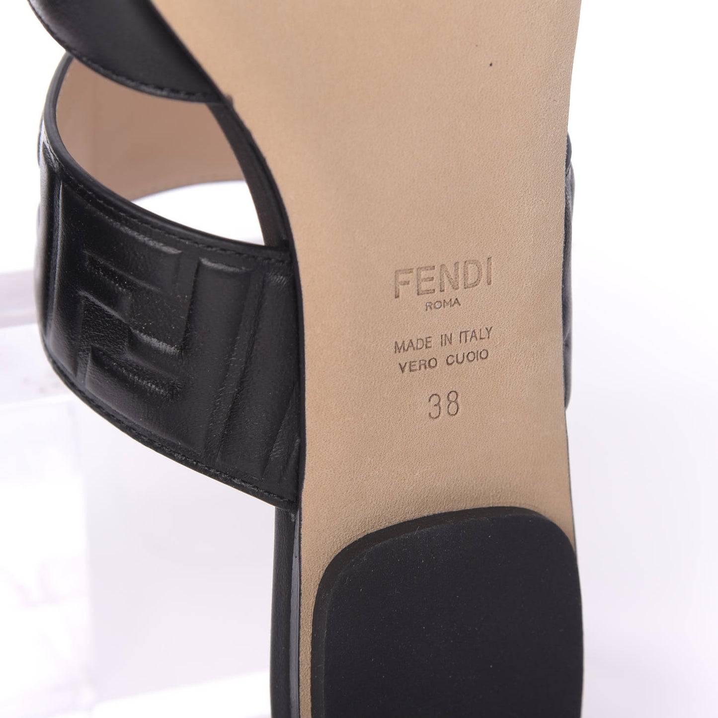 Vitello FF Embossed Buckle Flat Mules 38 Black