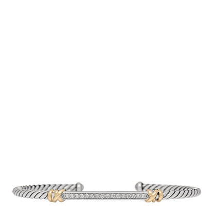 David Yurman Sterling Silver 18K Yellow Gold Diamond Petite Helena Classic Cable Station Bracelet 1 of 3