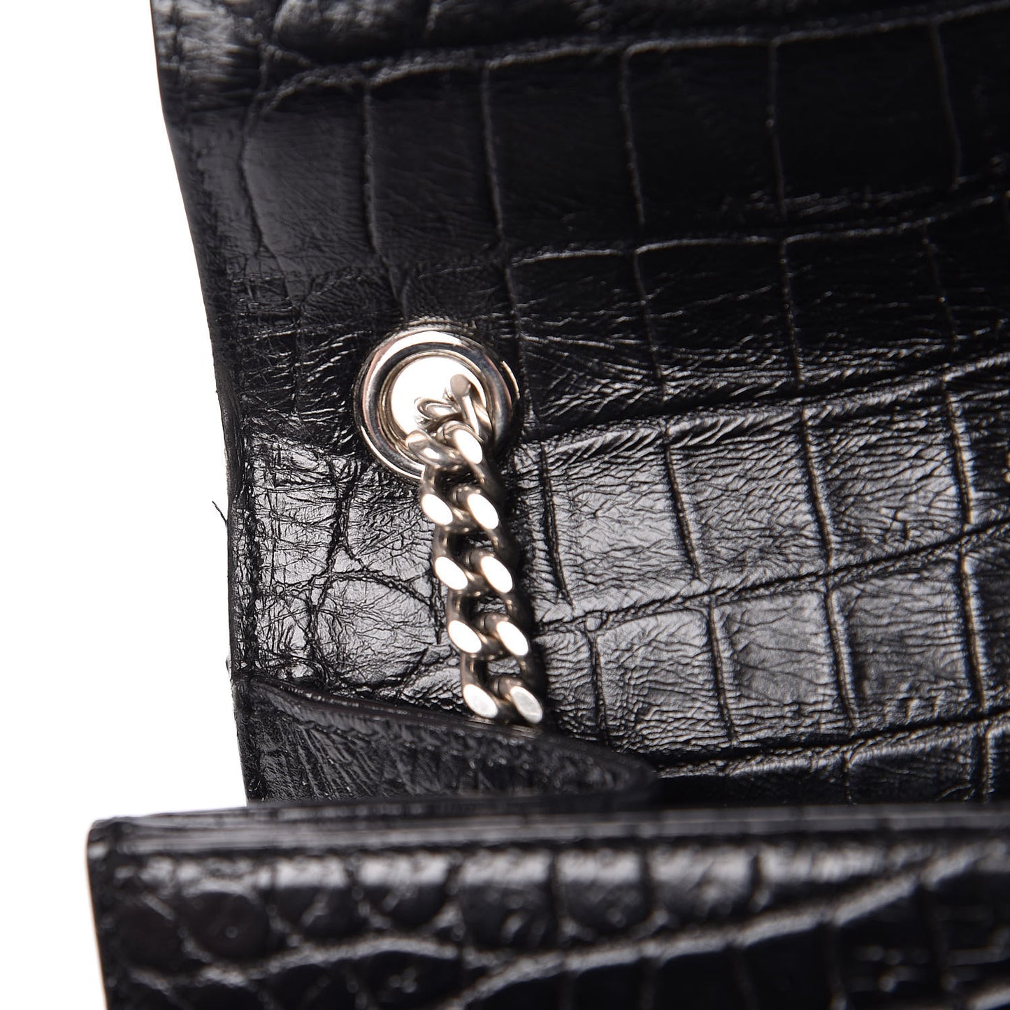 Calfskin Crocodile Embossed Medium Classic Monogram Kate Tassel Satchel Black