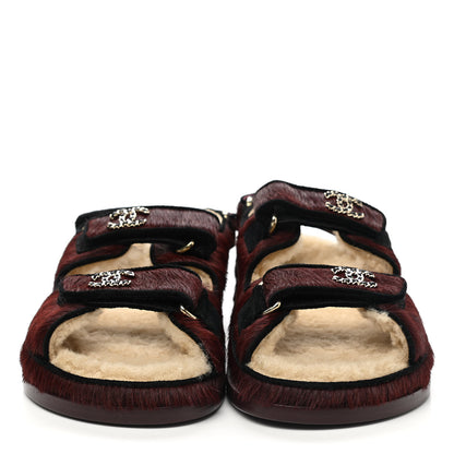 Chanel Calfskin Hair Suede Shearling Dad Sandals 37 Burgundy Black 2 of 9
