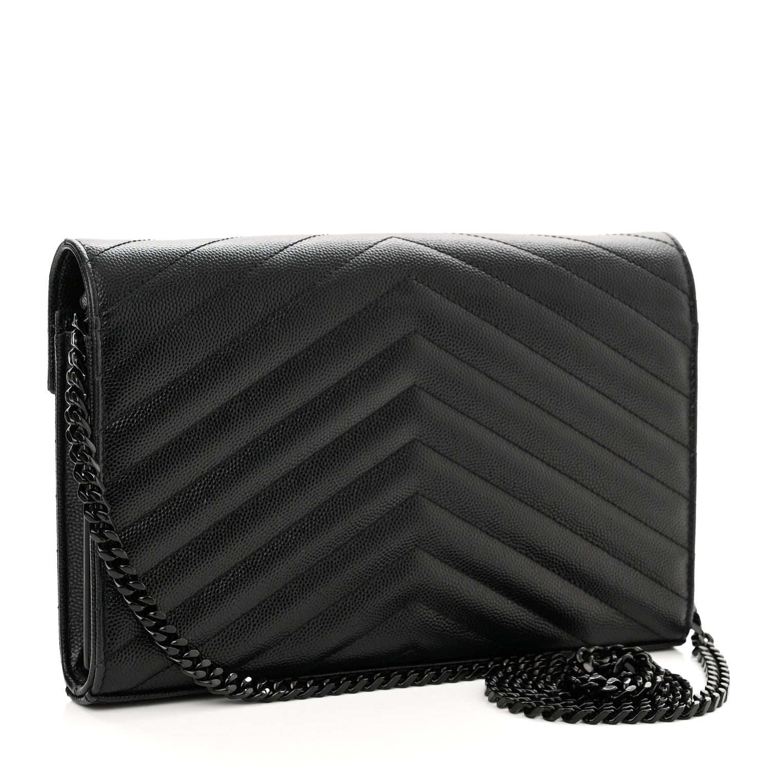 Saint Laurent Grain De Poudre Matelasse Chevron Monogram Monochrome Chain Wallet Black 3 of 12