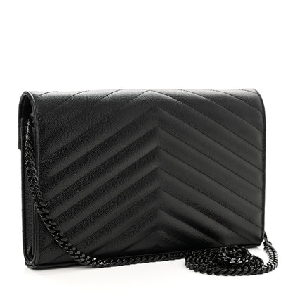 Saint Laurent Grain De Poudre Matelasse Chevron Monogram Monochrome Chain Wallet Black 3 of 12