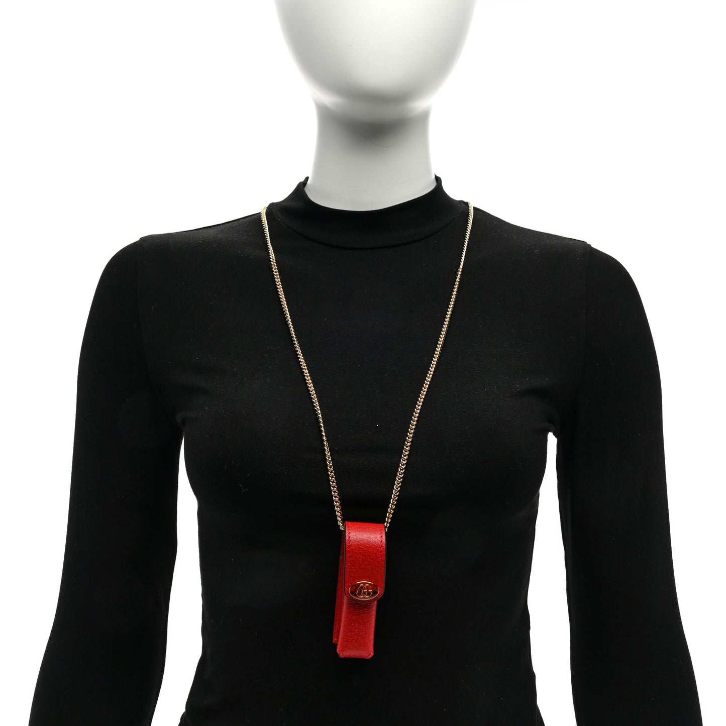 Textured Dollar Calfskin Enamel GG Lipstick Holder Necklace Red