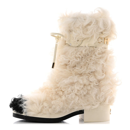 Chanel Shearling Sheepskin High Boots 35.5 Ivory Black 1 of 15