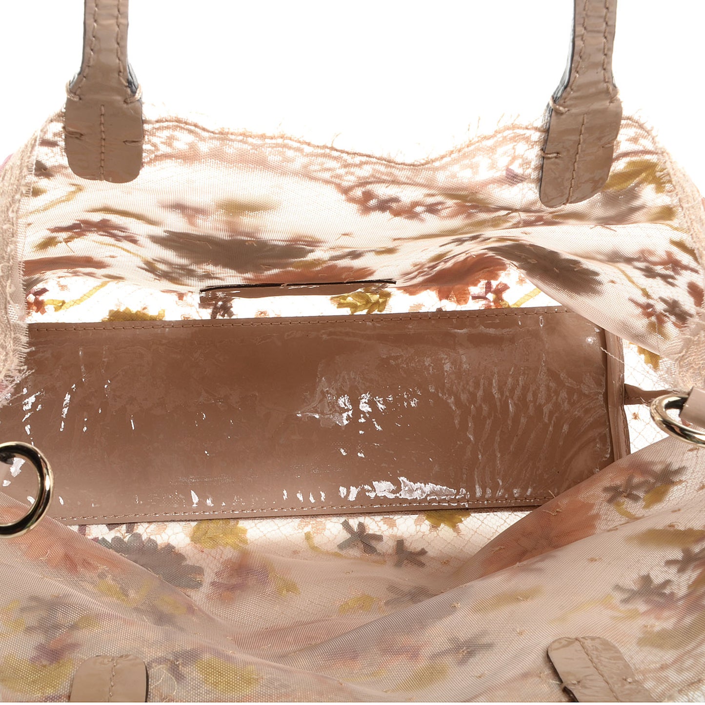 Patent Trimmed Lace Embroidered Tote Neutral