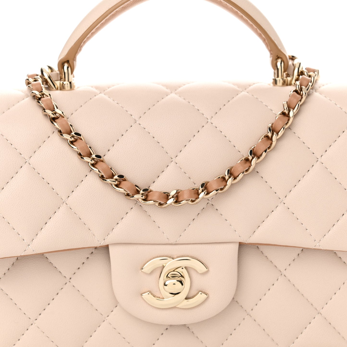 Lambskin Quilted Bi-Color Mini Top Handle Rectangular Flap Ecru Dark Beige
