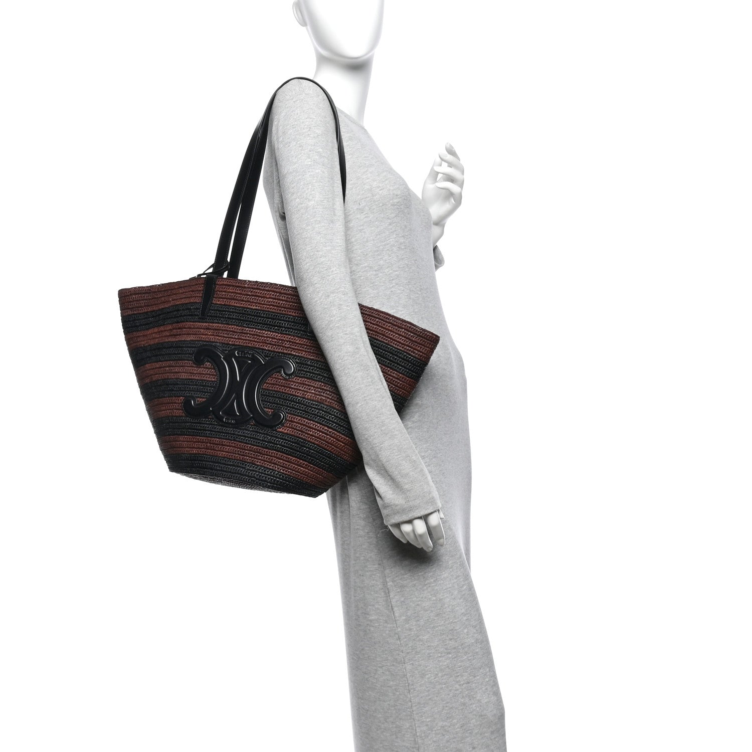 Celine Raffia Striped Calfskin Triomphe Couffin Panier Black Brown 2 of 10