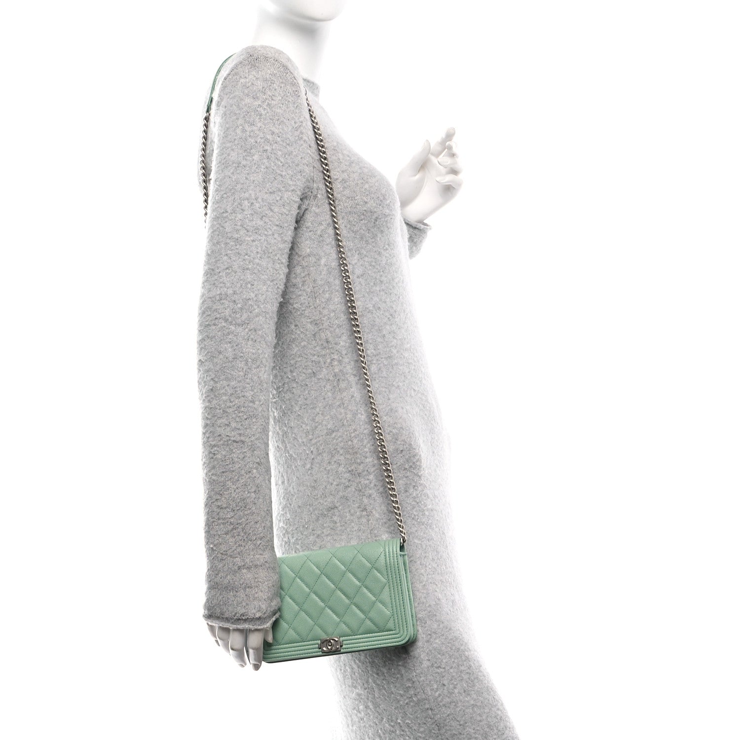 Chanel Caviar Quilted Boy Wallet On Chain WOC Light Green 2 of 13