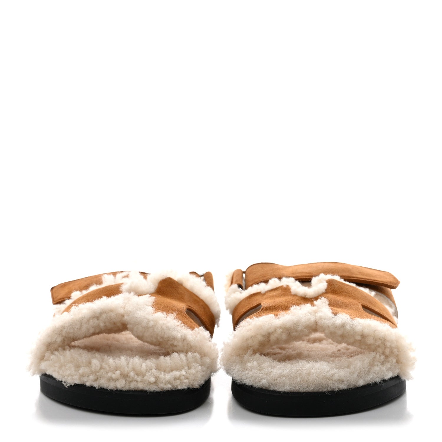 Hermes Suede Goatskin Woolskin Womens Chypre Sandals 37.5 Brun Fume Ecru 2 of 8