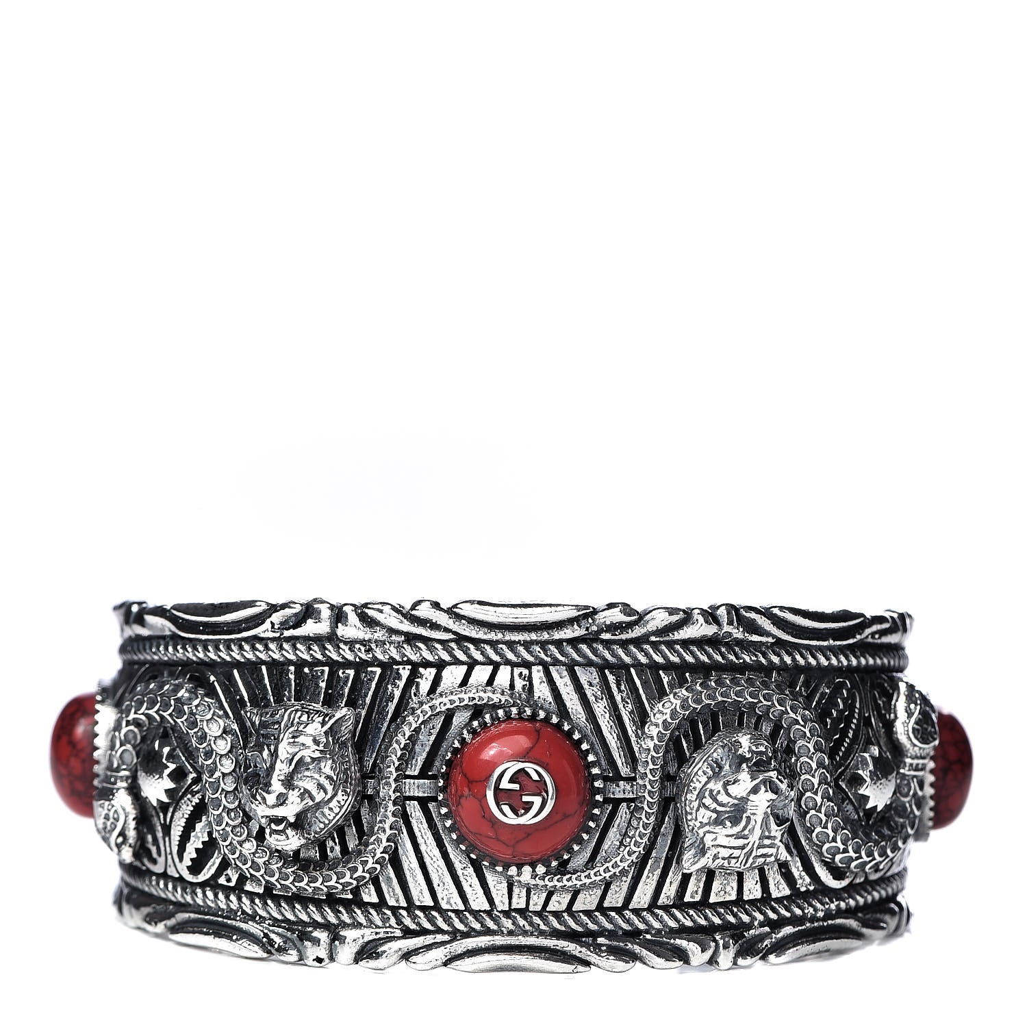 Gucci Sterling Silver Jasper Garden Cuff Bracelet Red 1 of 5