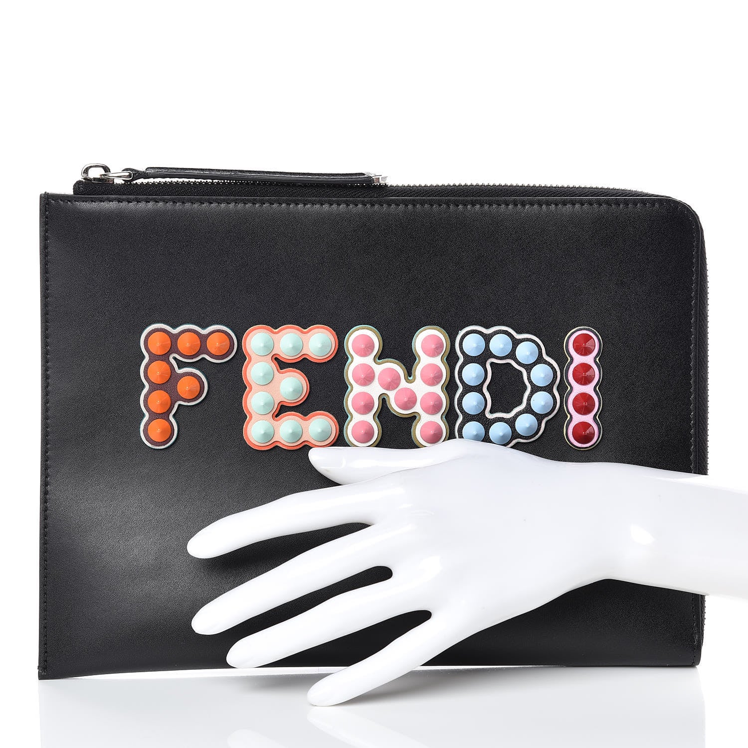 Fendi Vitello Liberty Fun Fair Studded Zip Around Pouch Black Multicolor 2 of 8