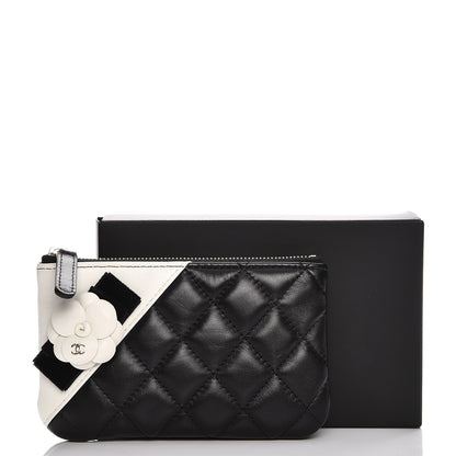 Chanel Lambskin Quilted Small Camellia Cosmetic Pouch Black White 8 of 8