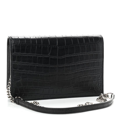 Saint Laurent Calfskin Crocodile Embossed Kate Monogram Tassel Chain Wallet Black 3 of 8