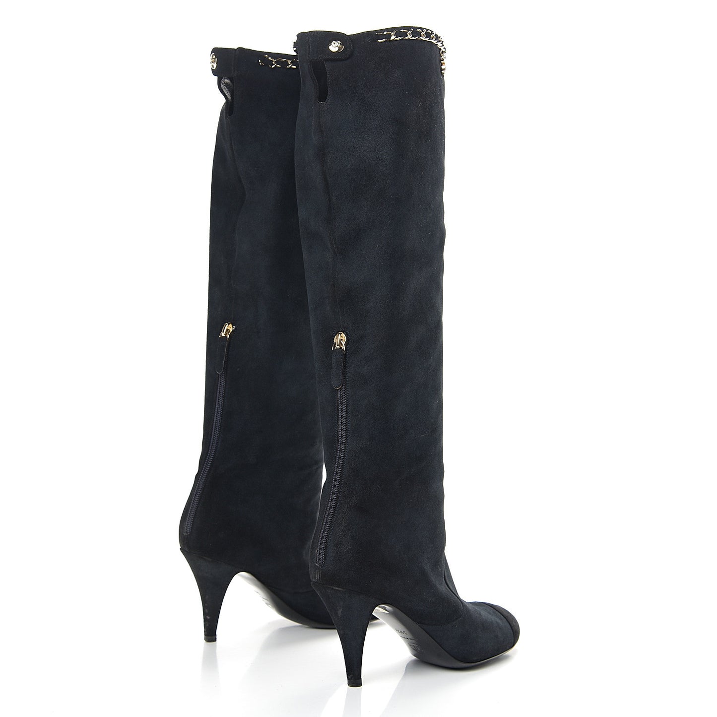 Suede Calfskin Chain Cap Toe Knee High Boots 39.5 Dark Navy