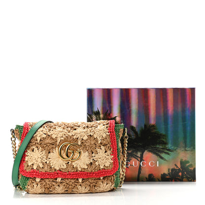 Gucci Raffia Azalea Calfskin Crochet Flower Small GG Marmont Shoulder Bag Natural Ecru Green Red New Shamarock 11 of 11