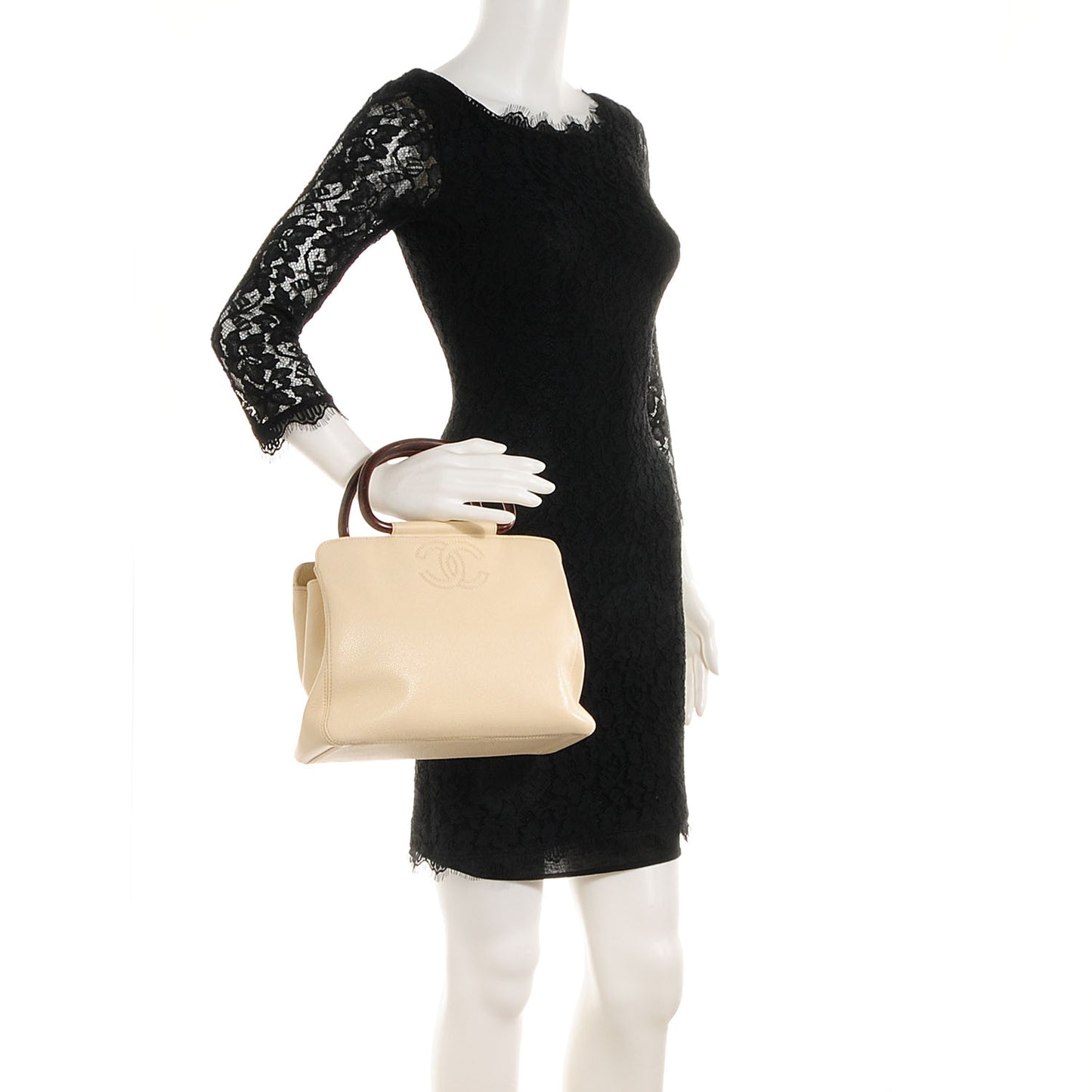 Caviar Wood Handle Handbag Light Beige