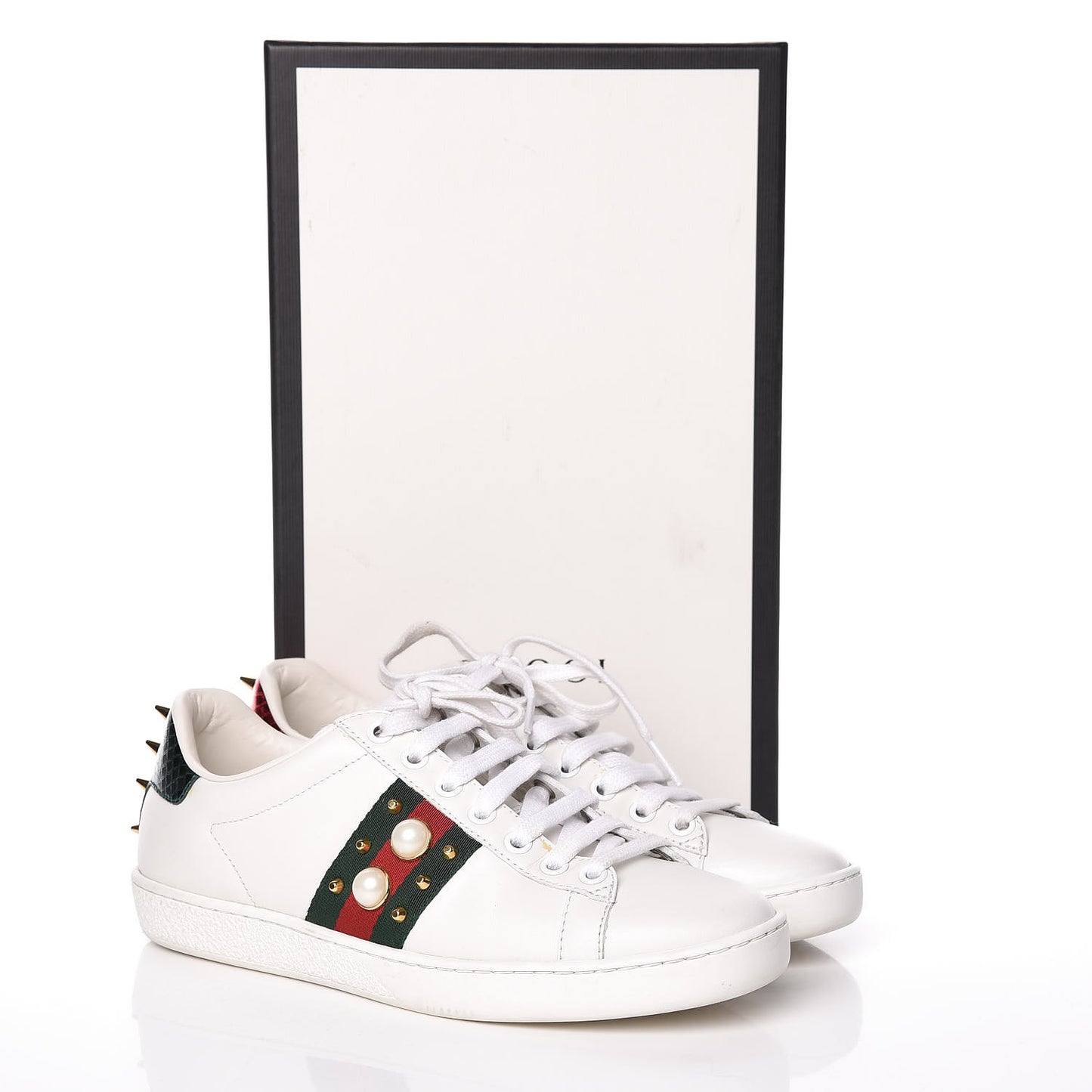Calfskin Web Pearl Studded Womens Ace Sneakers 36 White