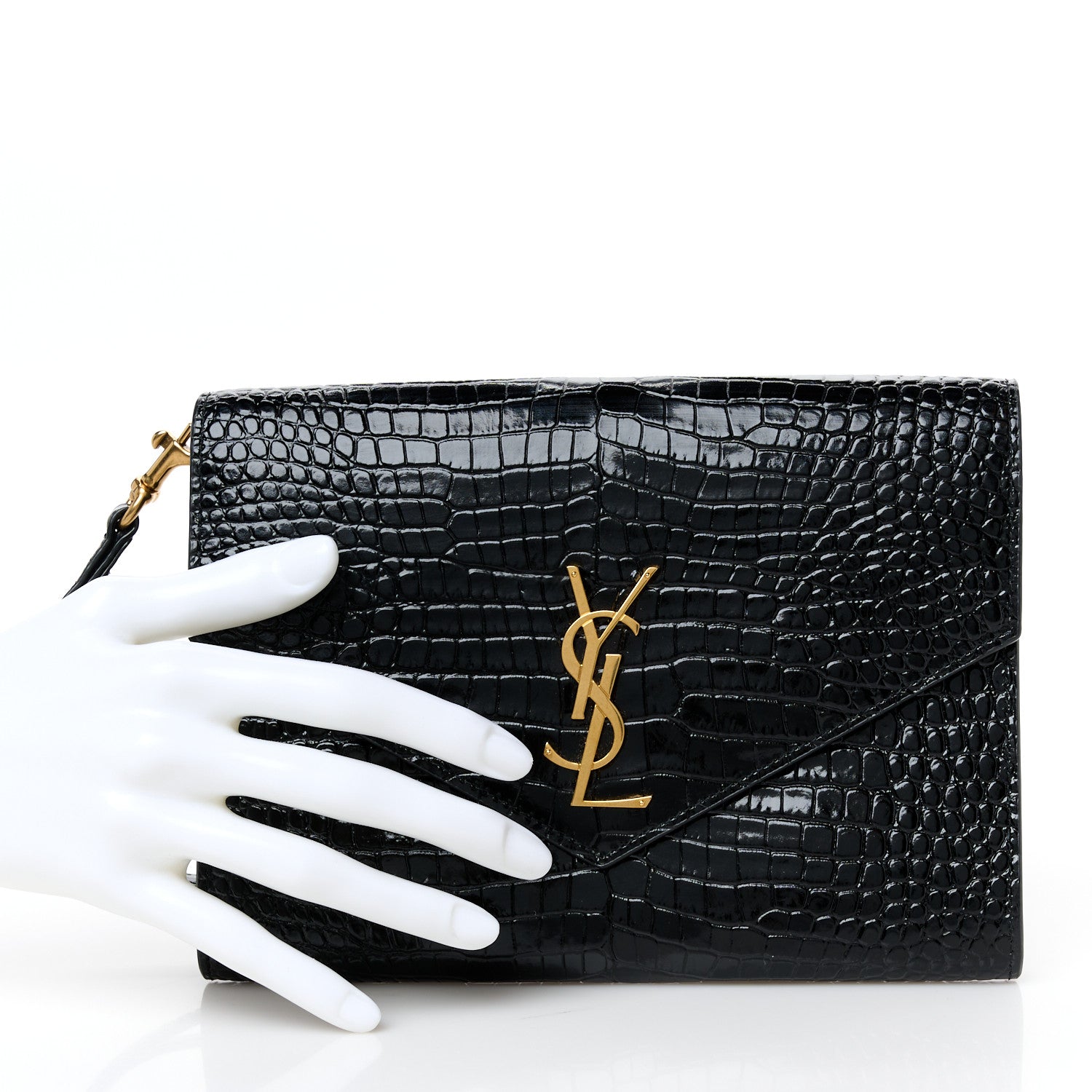 Saint Laurent Calfskin Crocodile Embossed Monogram Cassandre Flap Pouch Black 2 of 8