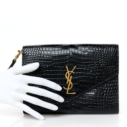 Saint Laurent Calfskin Crocodile Embossed Monogram Cassandre Flap Pouch Black 2 of 8