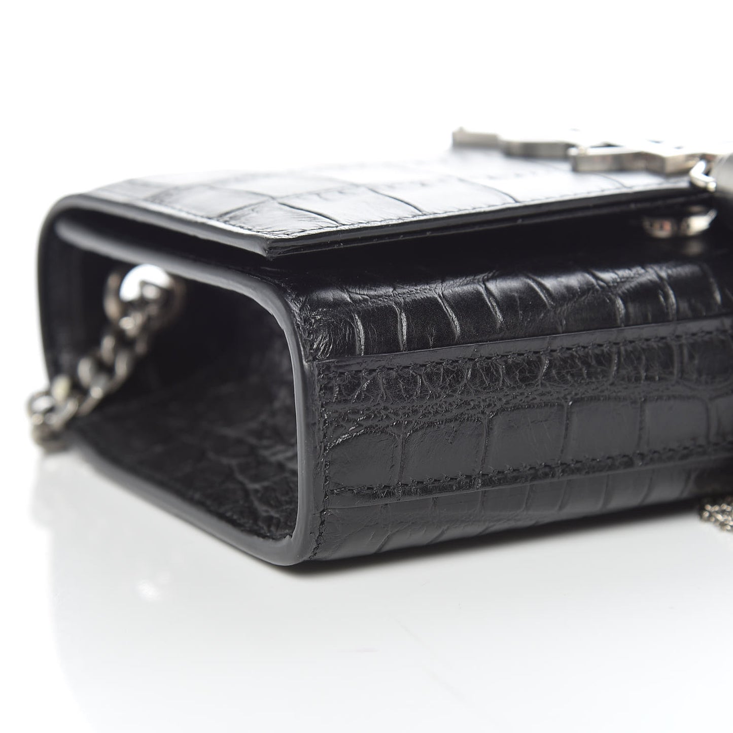 Calfskin Crocodile Embossed Small Classic Monogram Kate Tassel Satchel Black