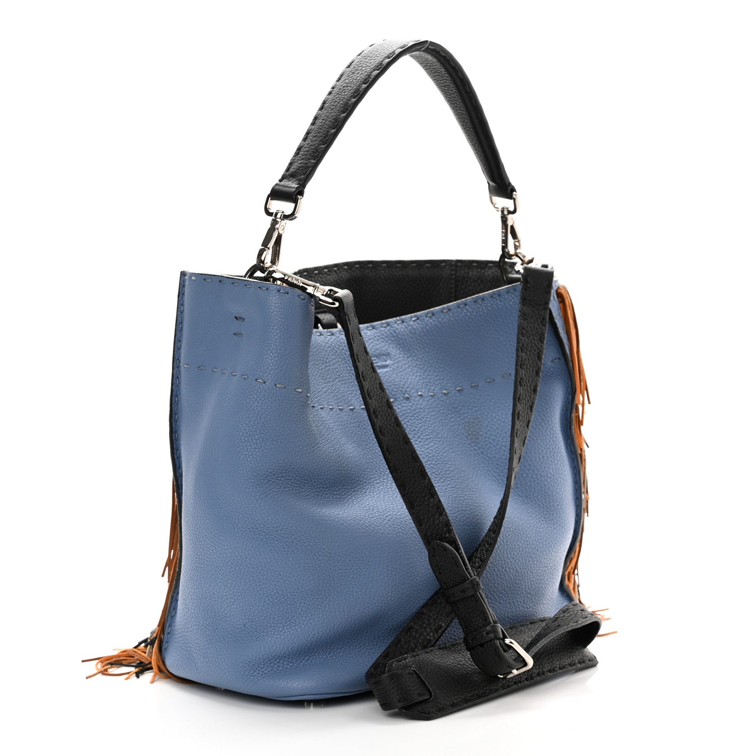 Fendi Nappa Romano Selleria Fringed Small Anna Bucket Bag Blue Cuoio 3 of 11