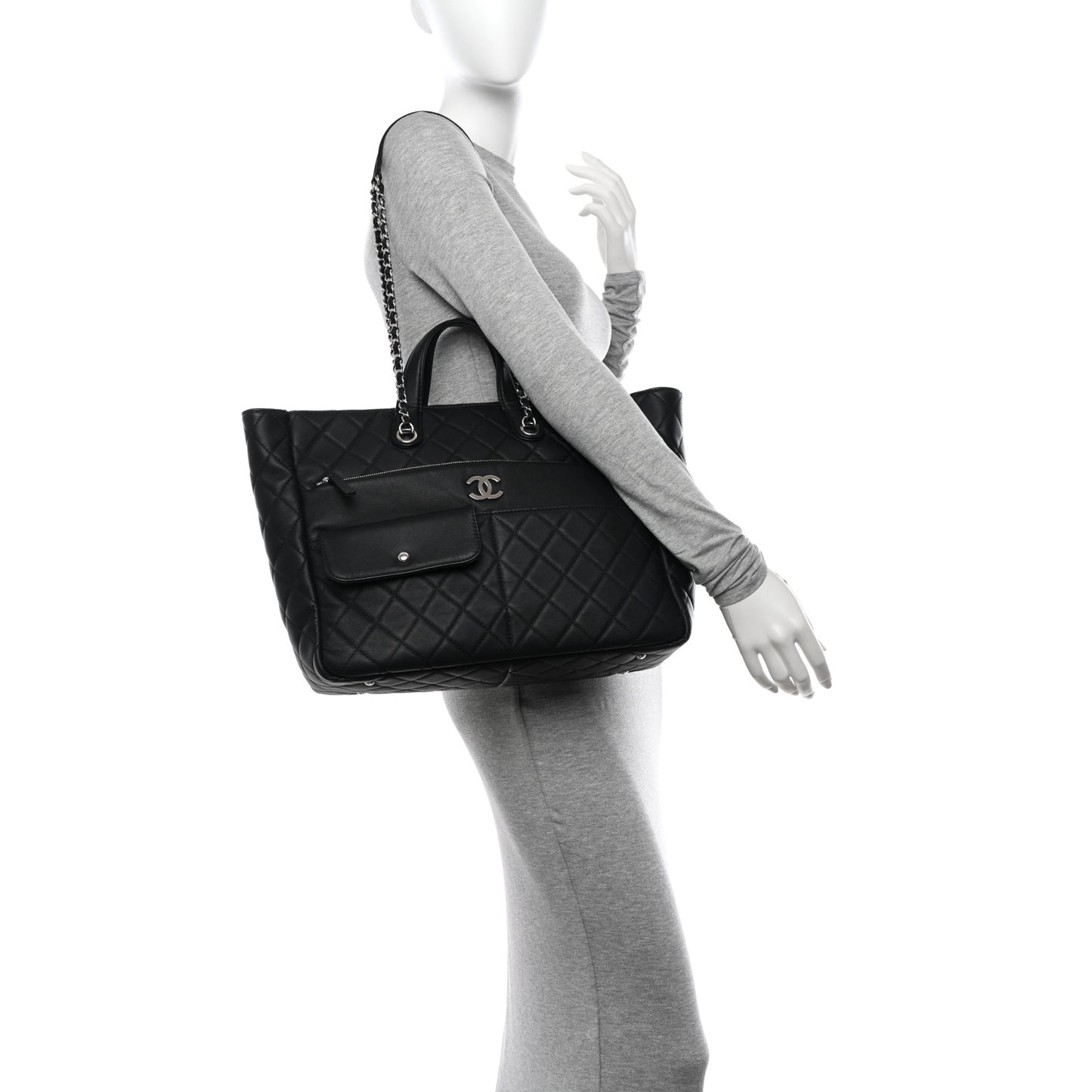 Calfskin Quilted Ultra Pocket Shopping Tote Black