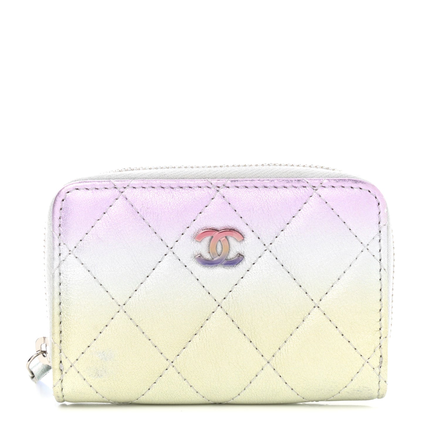 Gradient Metallic Calfskin Quilted Zip Around Coin Purse Wallet Silver Blue Yellow Purple