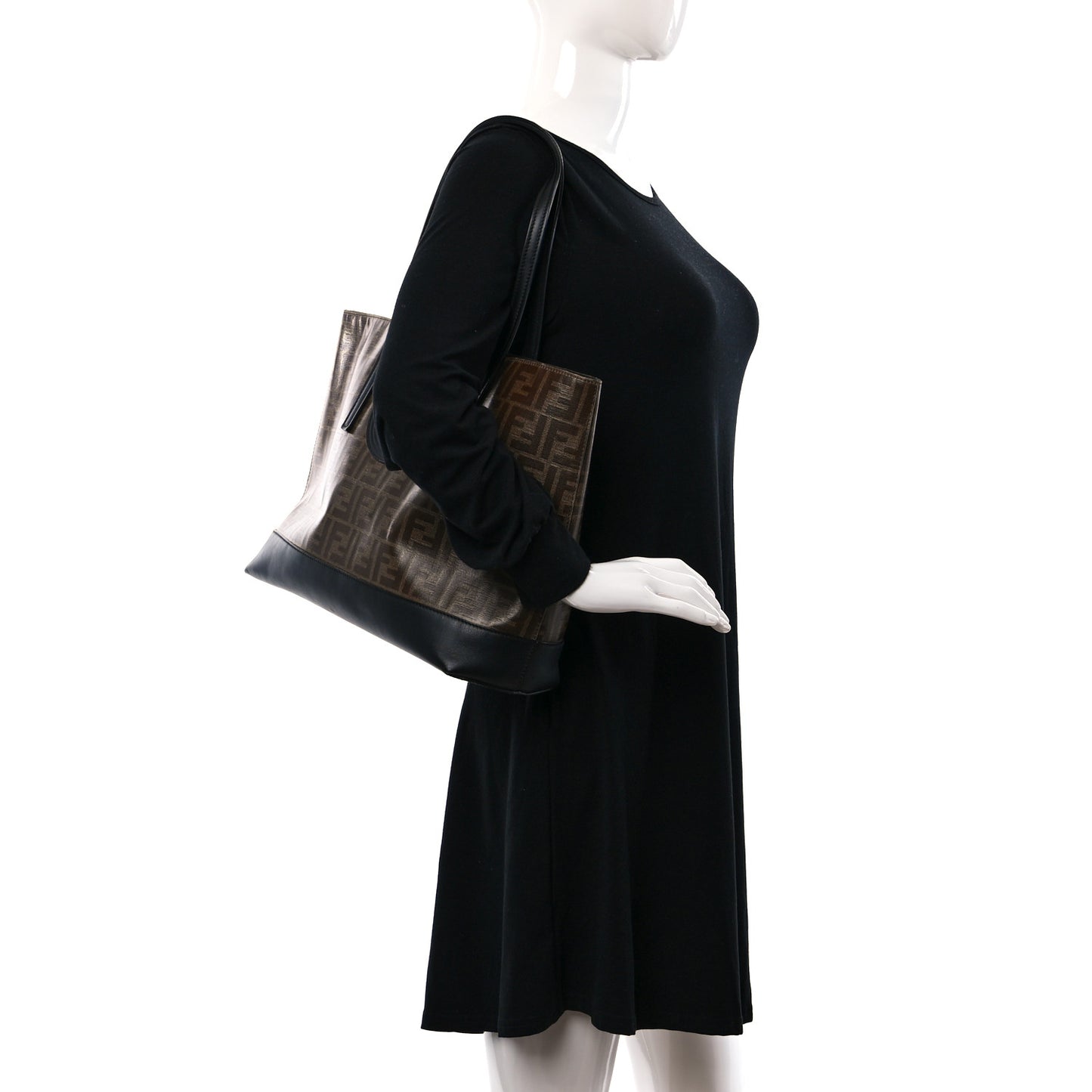 Glazed Fabric Vitello Century FF 1974 Stamp Patch Shopping Tote Mogano Panna Black