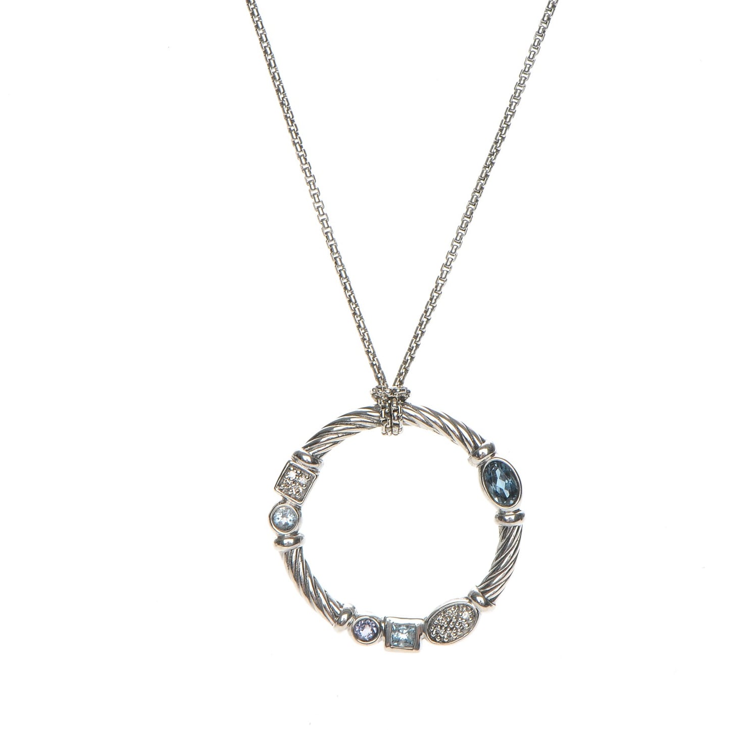 Sterling Silver Diamond Blue Topaz Iolite Aquamarine Confetti Pendant Necklace
