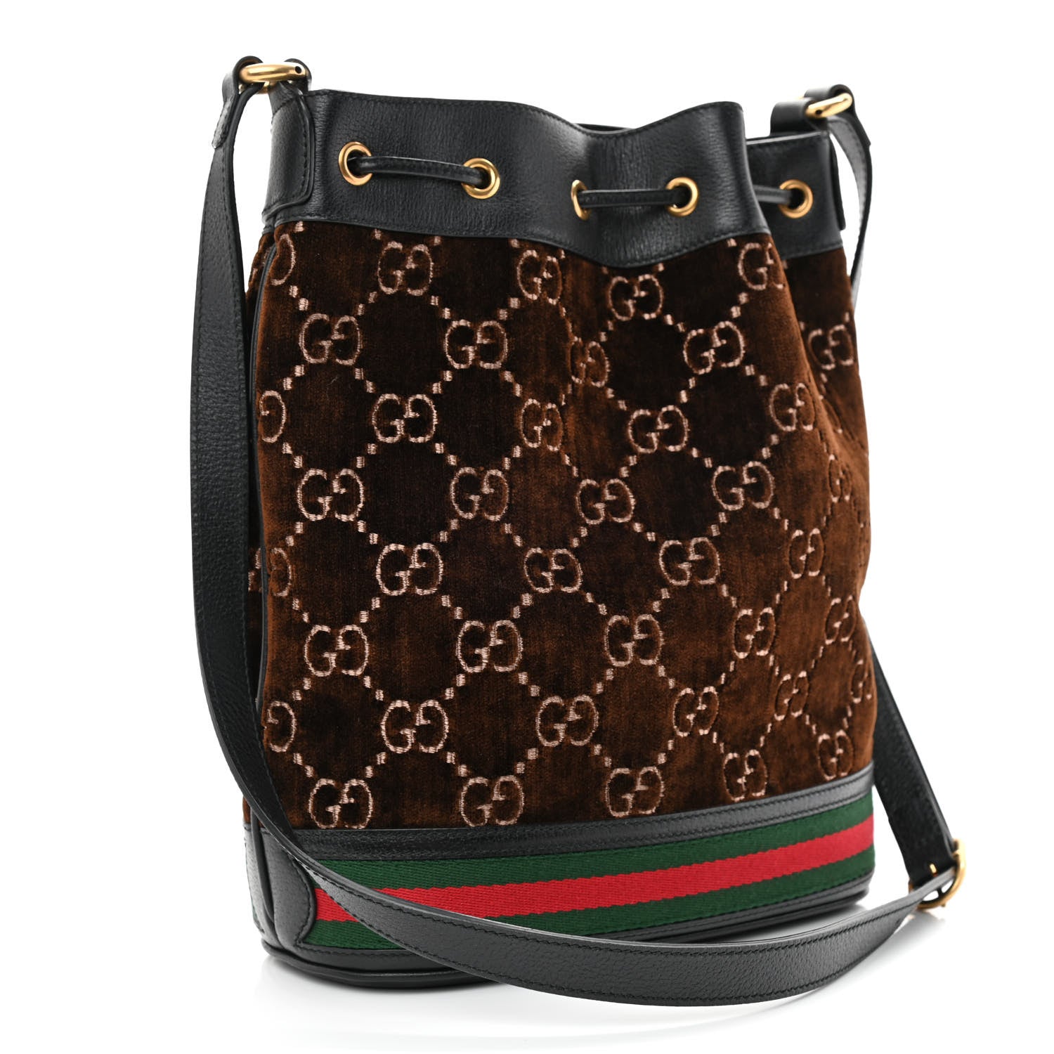 Gucci Velvet GG Monogram Textured Calfskin Web Bucket Bag Brown Black 3 of 10