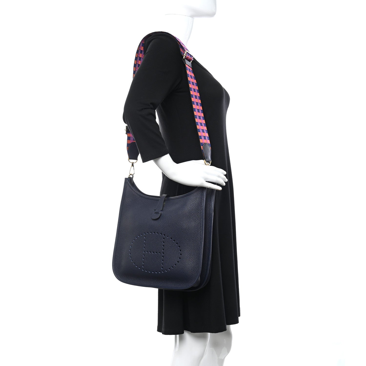 Hermes Taurillon Clemence Quadrille Evelyne III PM Bleu Nuit Bleu Saphir Anemone Capucine 2 of 12