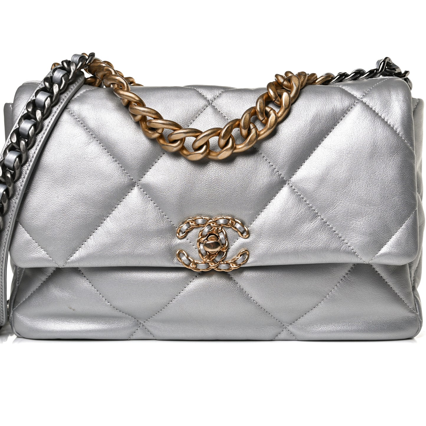 Metallic Goatskin Quilted Large Chanel 19 Flap Silver