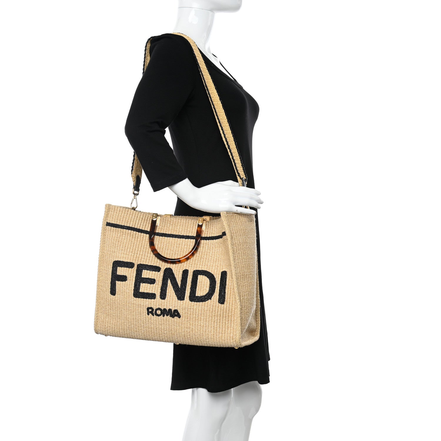 Fendi Straw Vitello King Plexiglass Woven Medium Fendi Sunshine Shopper Tote Natural Black 2 of 13